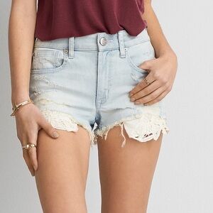 American Eagle High-Rise Shortie Light Wash Denim Shorts with Lace Trim